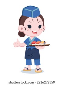 Cute style woman Japanese chef serving sushi cartoon illustration