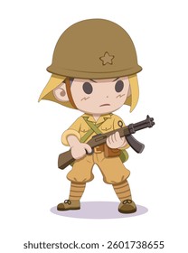 Cute style World War 2 Japanese soldier holding machine gun cartoon illustration