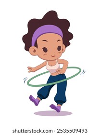 Cute style yoga woman twirling hula hoop cartoon illustration