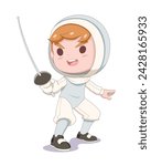 Cute style young fencing athlete holding sword cartoon illustration