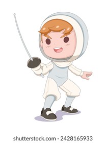 Cute style young fencing athlete holding sword cartoon illustration