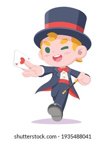 Cute style young magician holding card and magic wand cartoon illustration
