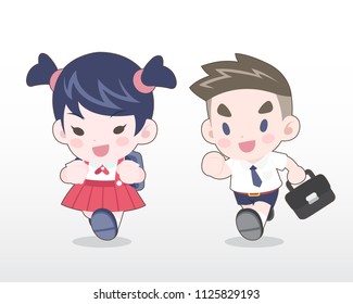 Cute Style Young Thai students boy and girl running Illustration 
