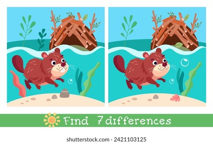 Un bonito castor estilizado nadando en un río cerca de una cabaña. Encuentra 7 diferencias. Juego de rompecabezas educativo para niños. Animales divertidos, plantas. Ilustración vectorial.