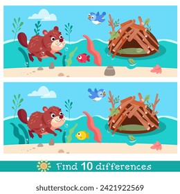 Cute stylised beaver swimming in river near hut. Find 10 differences. Educational puzzle game for children. Cartoon funny animals, plants. Vector illustration.