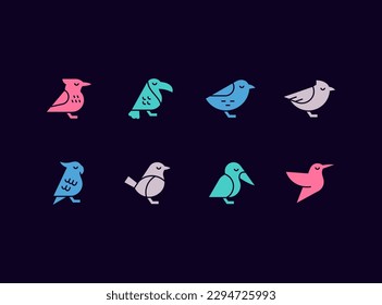 Cute stylised birds vector icon set. Decorative fantastic birds icons.