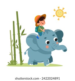 Cute stylised cartoon boy riding an elephant. Nature and plants of Asia. Bamboo forest. Vector flat isolated illustration on white background for design.