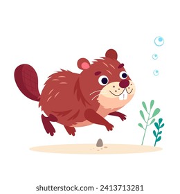 Cute stylised cartoon flat beaver swimming underwater. Vector illustration on white background for design. 