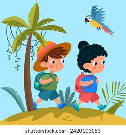 Niños planos y estilizados con mochilas viajando por la jungla. Caricaturas divertidas, plantas exóticas. Ilustración vectorial.