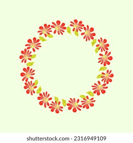 Cute stylised floral wreath with red flowers, leaves isolated on light green background. Vector hand drown illustration. Suitable for decor, cards, invitation, logo, various design