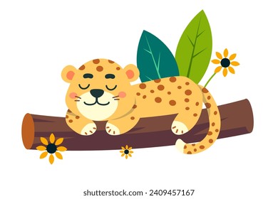 Cute stylised jaguar sleeping on tree branch in jungle. Isolated cartoon character on white background. Scene for design. Vector illustration. 