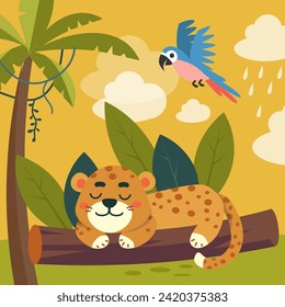 Un jaguar estilizado lindo durmiendo en una rama de árbol en la jungla. Caricatura en segundo plano. Escena para el diseño. Ilustración vectorial. 