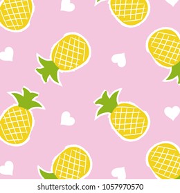 Cute stylised pineaple background. Vector illustration of pineaples and hearts. Cute pattern for backgrounds, textile design, fabric, invitations, cards.