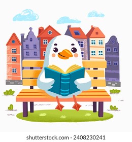 Cute stylised seagull sitting on bench in city read book. Cartoon character. Scene for design. Vector Illustration. 