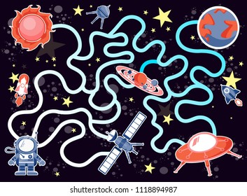 Cute, stylish baby developing game, map-board. Fun Educational Space Theme Maze Puzzle Games For Children Illustration, suitable for games, book print, apps, education, and other kids fun activity 