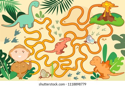 Cute, stylish baby developing game, map-board. Fun Educational dinosaurs Theme Maze Puzzle Games For Children Illustration, suitable for games, book print, apps, education, and other kids fun activity