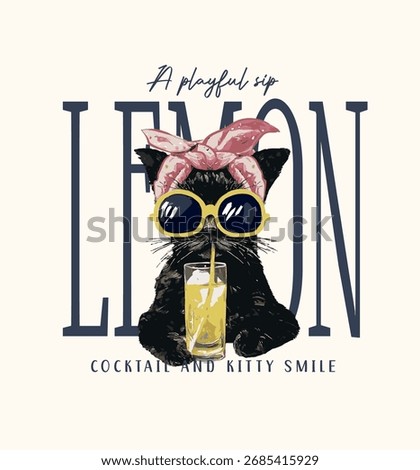 A cute and stylish black cat is drinking lemonade.Little girly cat vector. Animal print illustration.Fun animal graphics in a summer theme for kids, for beach towels, t-shirts and stationery.