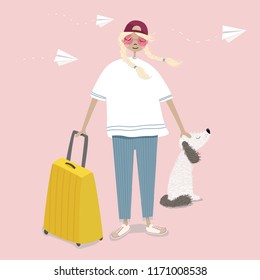 Cute stylish blonde girl traveler with a yellow suitcase travelling with a dog and having fun. Happy tourist isolated on pink background with airplane. Flat vector illustration. Trip, journey concept