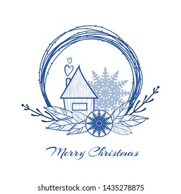 Cute stylish card with Christmas and new year objects. Isolated illustration. Hand-drawn line drawing. Doodle sketch. Vector
