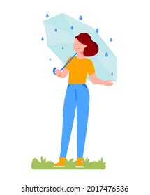 Cute stylish cartoon girl under umbrella. Vector abstract young woman walking in the rain. Woman in the rubber boots walking in the rain with umbrella.