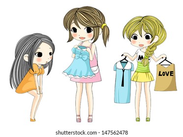 Cute stylish cartoon girls showing her new fashion dress via shopping icon set, create by vector 