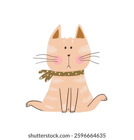 Cute stylish cat wearing bow tie modern print design. Hand drawn naive illustration in pencil scribble style. Animal nursery art or t-shirt print. Artistic hand drawn kitten vector decorative design.