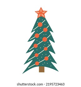 Cute stylish christmas tree isolated on white background in cartoon style. Decorated with Christmas balls, and a red star. Vector illustration.