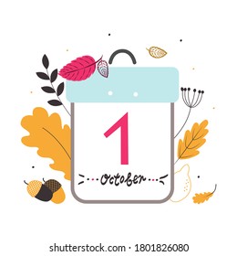 Cute, stylish concept of the beginning of autumn. The stylized image of the date September 1, in the background leaves, branches, flowers, acorns and lemon. Vector.
