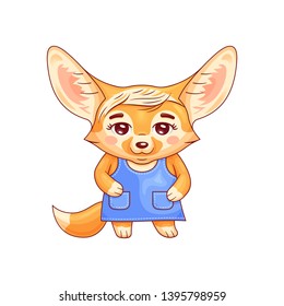 Cute stylish dressed female fennec fox. Funny kawaii cartoon character. Isolated on white background