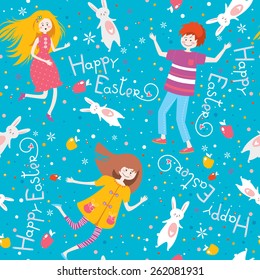 Cute stylish Easter seamless pattern with boys, girls, rabbits, hearts, apples and lovely typography in vector. Works well as a texture, wallpaper, wrapping, scrapbooking or greeting card.
