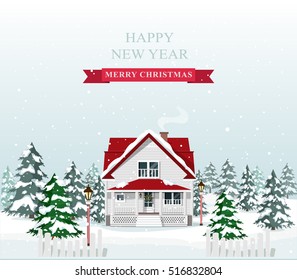 Cute stylish european house decorated for Christmas. Merry Christmas landscape. Vector illustration.