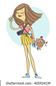 Cute, stylish fashion girl with camera and flowers, smiling.