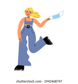 Cute stylish girl in blue outfit and choker happy put off a mask and joy end of quarantine. No need to stay home anymore concept. Vector cartoon isolated illustration.