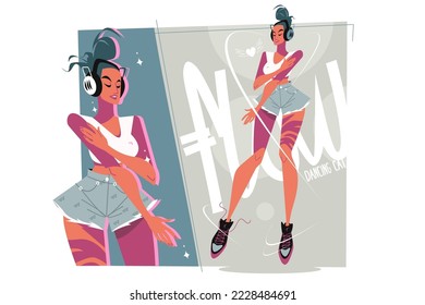 Cute stylish girl dancing in headphones vector illustration. Pretty woman in casual shorts and top listening to music and dancing flat concept