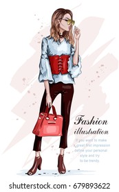 Cute Stylish Girl In Fashion Clothes. Fashion Woman With Bag. Hand Drawn Brunette Woman. Sketch. Vector Illustration.