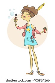 Cute, stylish girl with short brown hair blowing bubbles.