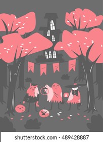 Cute stylish halloween illustration with childrens in funny scary costumes of ghost, witch and werewolf in night forest whith old scary building on the background.