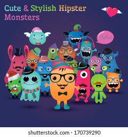 Cute and Stylish  Hipster Monsters. 