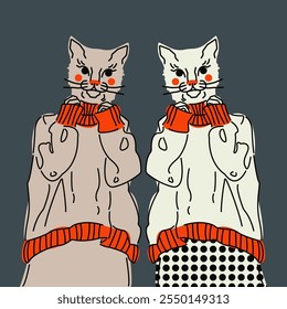 Ilustração elegante bonito com dois gatos vestindo roupas. Impressão vetorial, design, cartão-postal