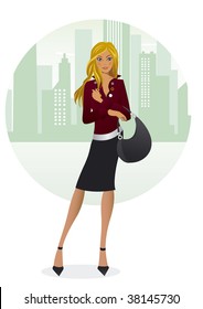 Cute and stylish modern chick with a bag. Attractive Caucasian girl with long blond hair is dressed in dark red shirt and black skirt
