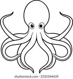 A cute stylish Octopus outline drawing vector. Octopus sea animal continuous line art. Hand drawn corals, seaweeds and shells. Coloring page with cute cartoon octopus.