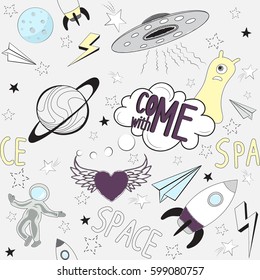 Cute and stylish pop art pattern on the theme of space. Fabric, print, wrapping paper, wallpaper, clothing, background