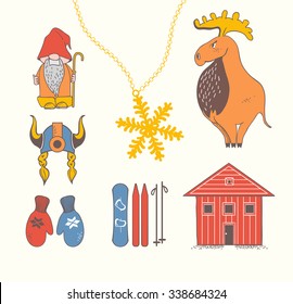 Cute stylish scandinavian set with moose, gnome, snowflake, skiing, snowboard, viking helmet, wooden house, mittens