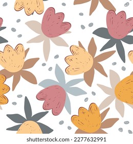 Cute stylish seamless pattern with big naive flowers and spots. Scandinavian style vector illustration