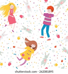 Cute stylish seamless pattern with boys, girls, rabbits, hearts and apples  in vector. Works well as a texture, wallpaper, wrapping, scrapbooking or greeting Easter or Birthday card.