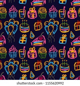 Cute stylish seamless pattern. Draw pictures, doodle. Beautiful and bright design. Interesting images for backgrounds, textiles, tapestries. Cake, balls. Celebration