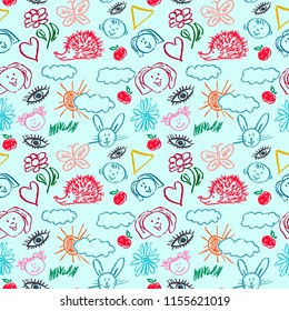 Cute stylish seamless pattern. Draw pictures, doodle. Beautiful and bright design. Interesting images for backgrounds, textiles, tapestries. Flowers, clouds, sun, hedgehog, hare