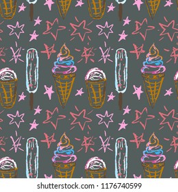 Cute stylish seamless pattern. Draw pictures, doodle. Beautiful and bright design. Interesting images for backgrounds, textiles, tapestries. Ice cream, stars. Summer