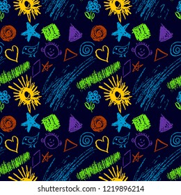 Cute stylish seamless pattern. Draw pictures, doodle. Beautiful and bright design. Interesting images for backgrounds, textiles, tapestries. Grass, sun, scribbles