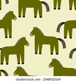 Cute and stylish seamless pattern with  green horses on white background. Funny childish vector cartoon background for dresses,textiles, wallpapers, designer paper, etc